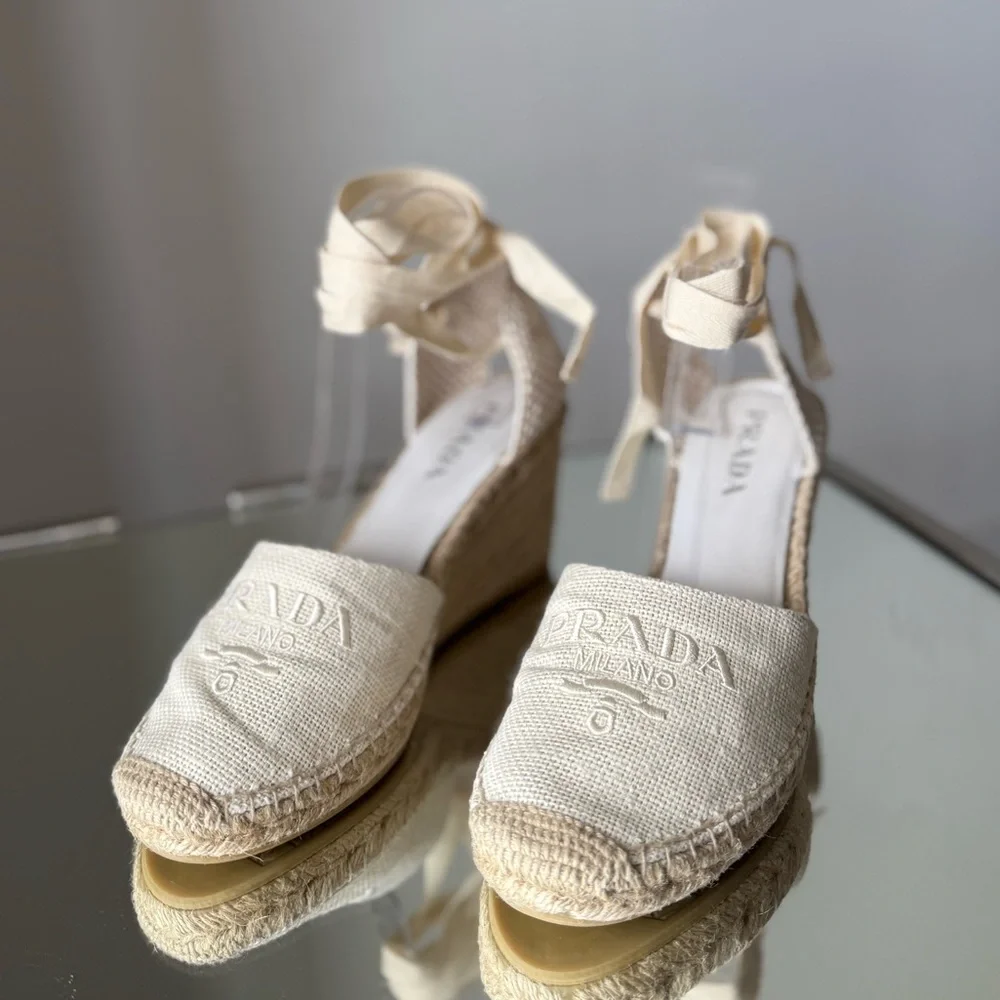 Like New Prada Linen Espadrille Wedge Sandals 41